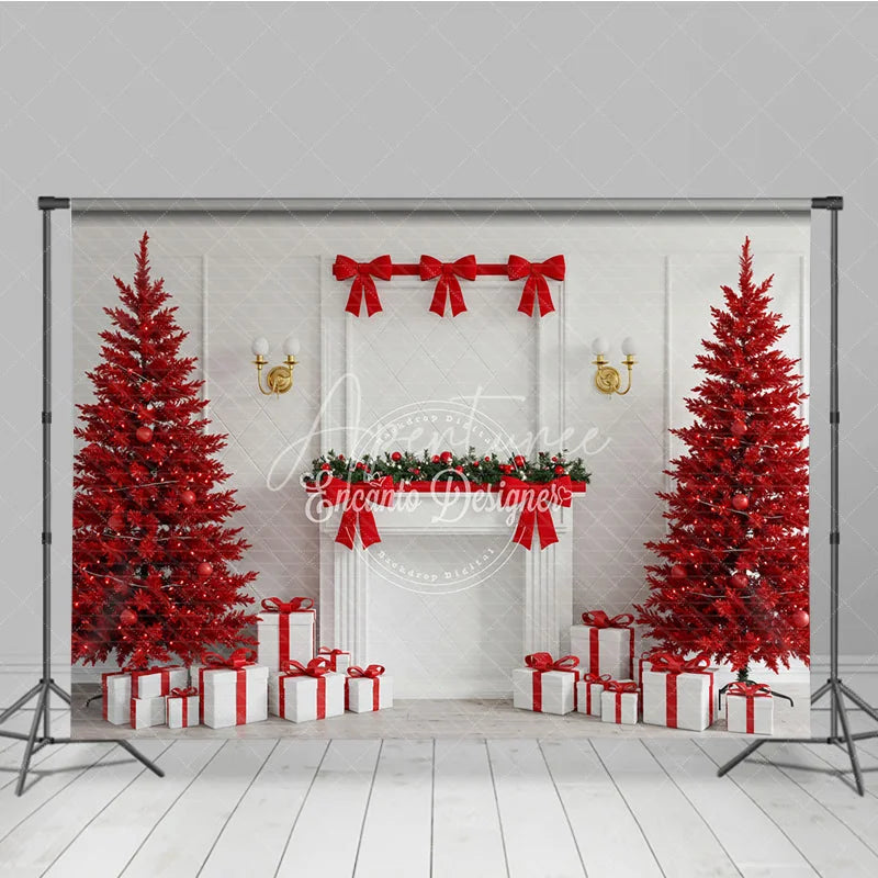 Aperturee - Aperturee Modern Red Christmas Photography Backdrop All Red Trees with White Fireplace Bold Holiday Photo Background