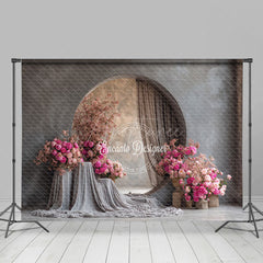 Aperturee - Aperturee Modern Round Window Photography Backdrop with Pink Peonies Minimalist Floral Elegant Wedding Photo Background