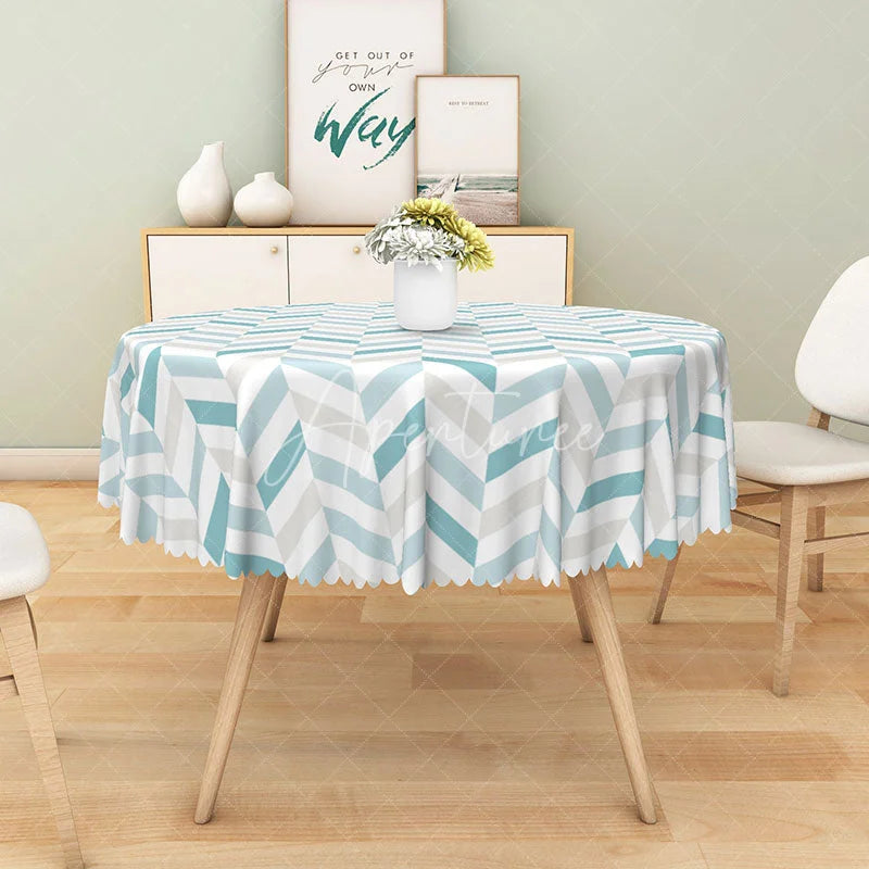 Aperturee - Aperturee Modern Stripe Round Tablecloth in Light Blue Gray and White for Coastal and Contemporary Decor