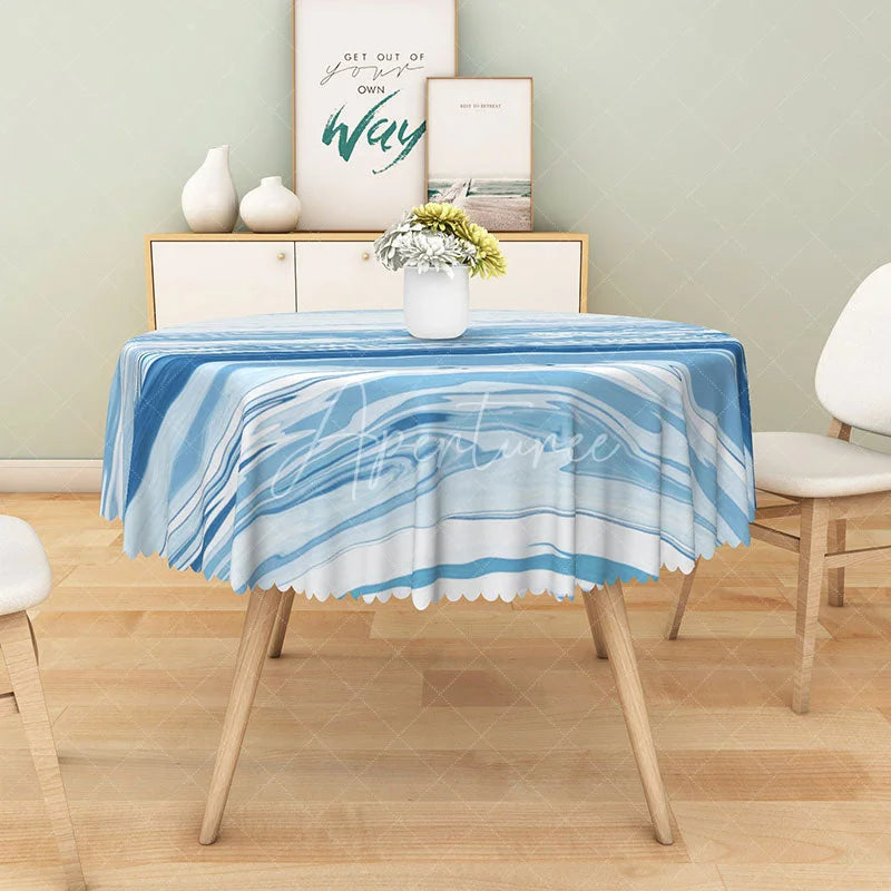 Aperturee - Aperturee Modern Summer Round Tablecloth with Blue and White Ocean Wave Print for Coastal and Beach House Decor