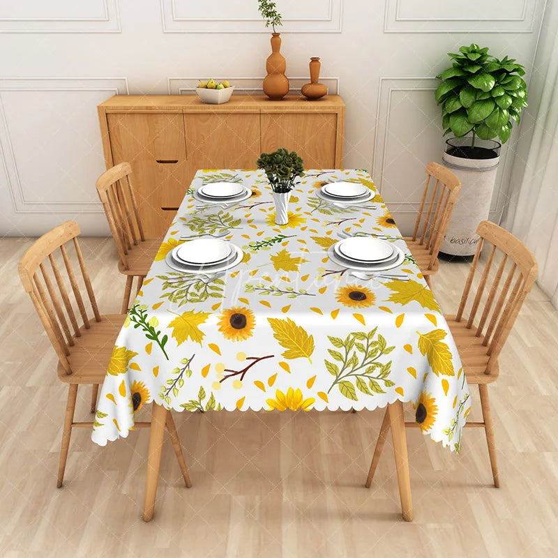 Aperturee - Aperturee Modern Sunflower Tablecloth with Yellow Floral Pattern for Farmhouse Kitchen Summer or Fall Decor