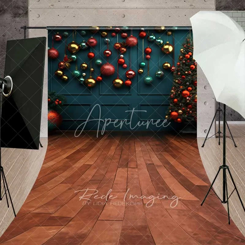 Aperturee - Aperturee Modern Teal Christmas Sweep Backdrop Hanging Ornaments Tree Wooden Floor Room Photo Background