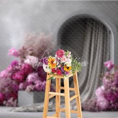 Aperturee - Aperturee Modern Wedding Arch Backdrop Grey Wall with Pink Peony Abstract Minimalist Bridal Shower Photo Props