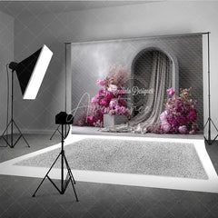 Aperturee - Aperturee Modern Wedding Arch Backdrop Grey Wall with Pink Peony Abstract Minimalist Bridal Shower Photo Props