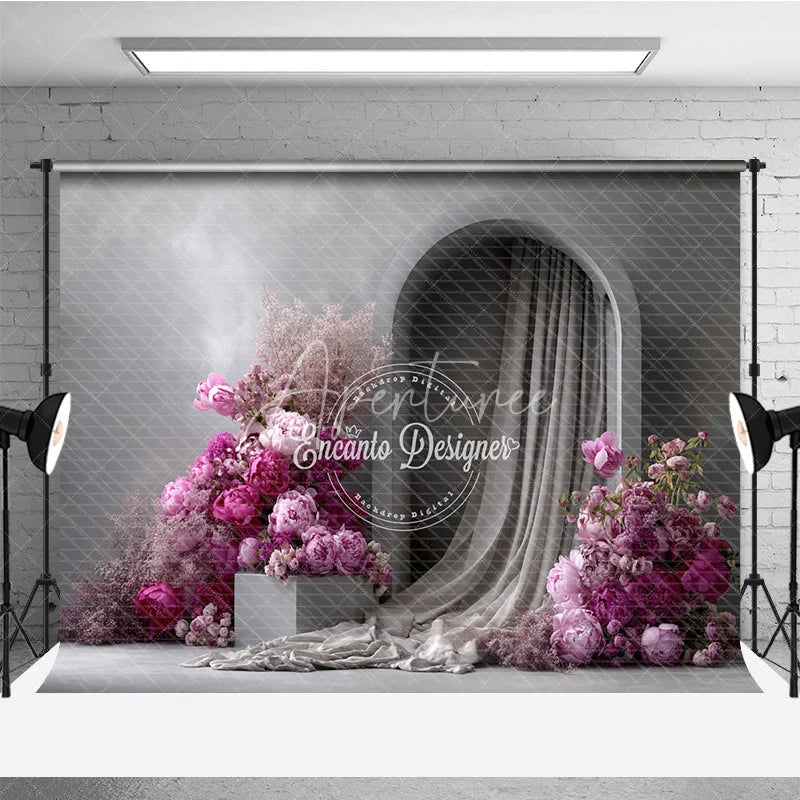 Aperturee - Aperturee Modern Wedding Arch Backdrop Grey Wall with Pink Peony Abstract Minimalist Bridal Shower Photo Props