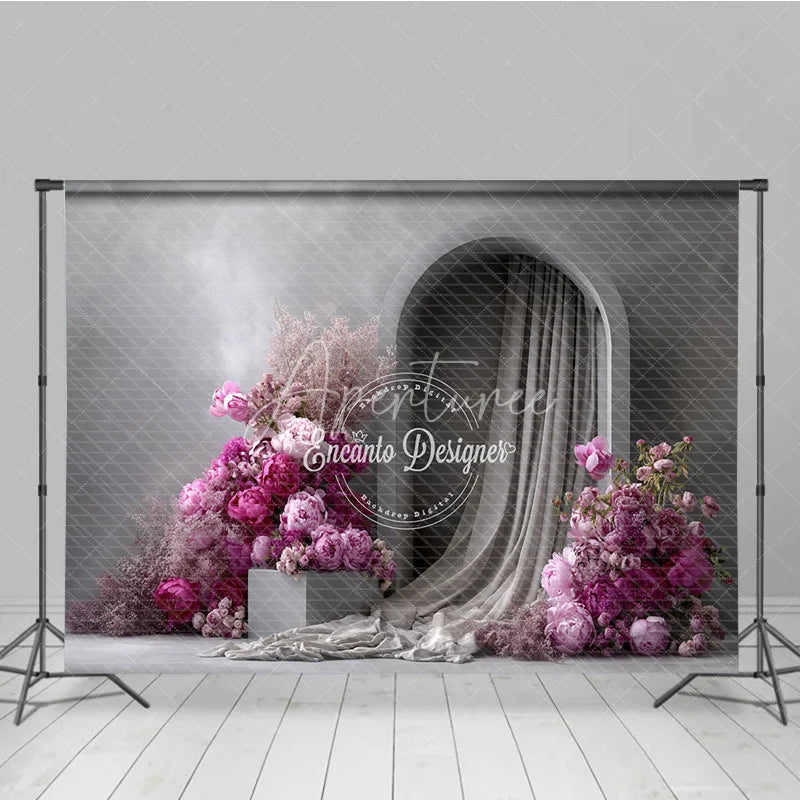 Aperturee - Aperturee Modern Wedding Arch Backdrop Grey Wall with Pink Peony Abstract Minimalist Bridal Shower Photo Props