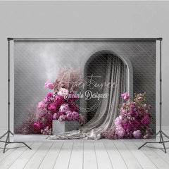 Aperturee - Aperturee Modern Wedding Arch Backdrop Grey Wall with Pink Peony Abstract Minimalist Bridal Shower Photo Props