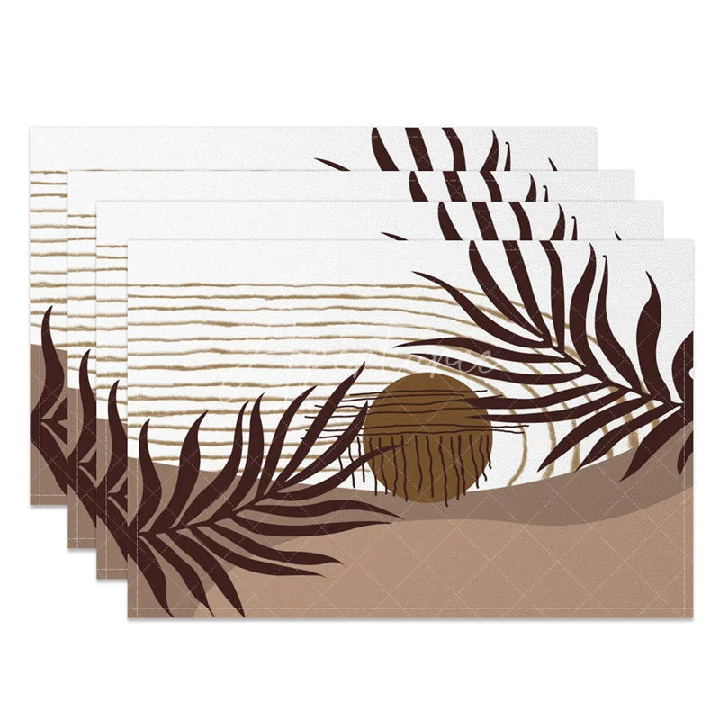 Aperturee - Aperturee Modern White and Brown Leaf Stripe Set of 4 Placemats for Botanical and Farmhouse Kitchen Dining Decor