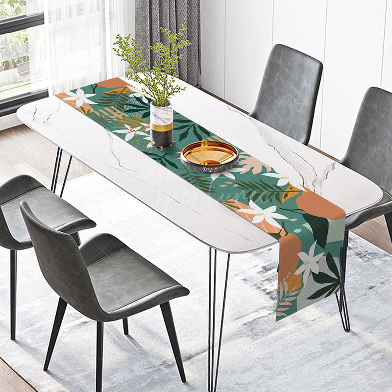Aperturee - Aperturee Modern White Flower and Leaves Table Runner Elegant Botanical Dining Decor Simple and Fresh Farmhouse Kitchen