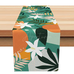 Aperturee - Aperturee Modern White Flower and Leaves Table Runner Elegant Botanical Dining Decor Simple and Fresh Farmhouse Kitchen