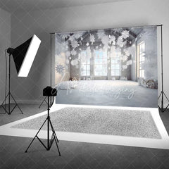 Aperturee - Aperturee Modern Winter Loft Backdrop Hanging 3D Snowflakes Industrial Windows Snow Floor Photo Background