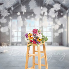 Aperturee - Aperturee Modern Winter Loft Backdrop Hanging 3D Snowflakes Industrial Windows Snow Floor Photo Background