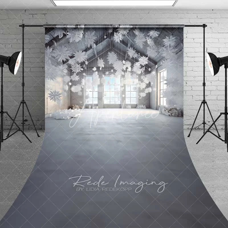 Aperturee - Aperturee Modern Winter Loft Sweep Backdrop Hanging Paper Snowflakes White Room Snow Floor Photo Background