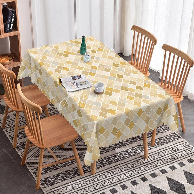 Aperturee - Aperturee Modern Yellow Geometric Rectangle Tablecloth Neutral Moroccan Tile Pattern Contemporary Kitchen Decor