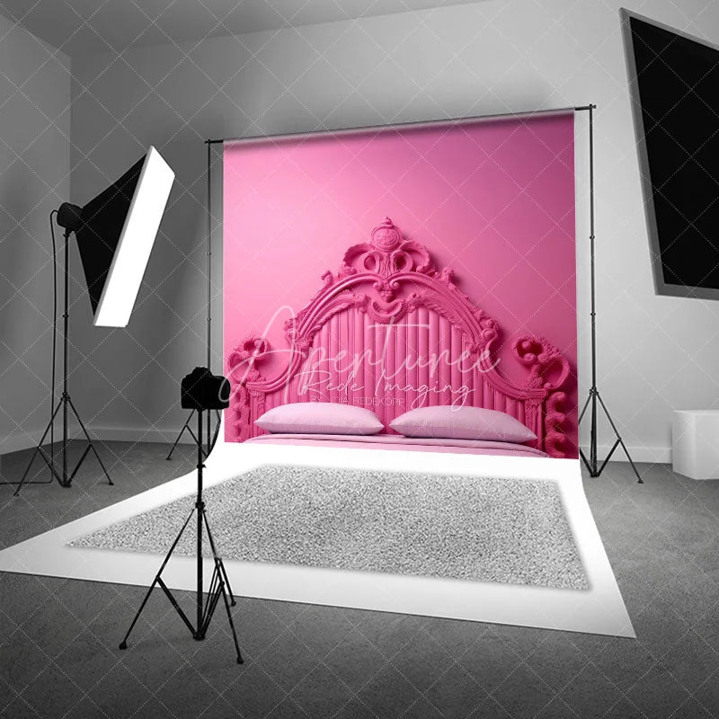 Aperturee - Aperturee Monochrome Pink Ornate Headboard Backdrop Luxury Carved Bed Style Photography Background