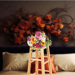 Aperturee Aperturee Moody Autumn Headboard Photography Backdrop Minimalist Bed with Dried Orange Roses Fall Bedroom Photo Prop
