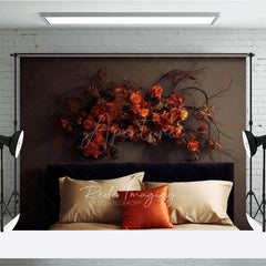 Aperturee Aperturee Moody Autumn Headboard Photography Backdrop Minimalist Bed with Dried Orange Roses Fall Bedroom Photo Prop