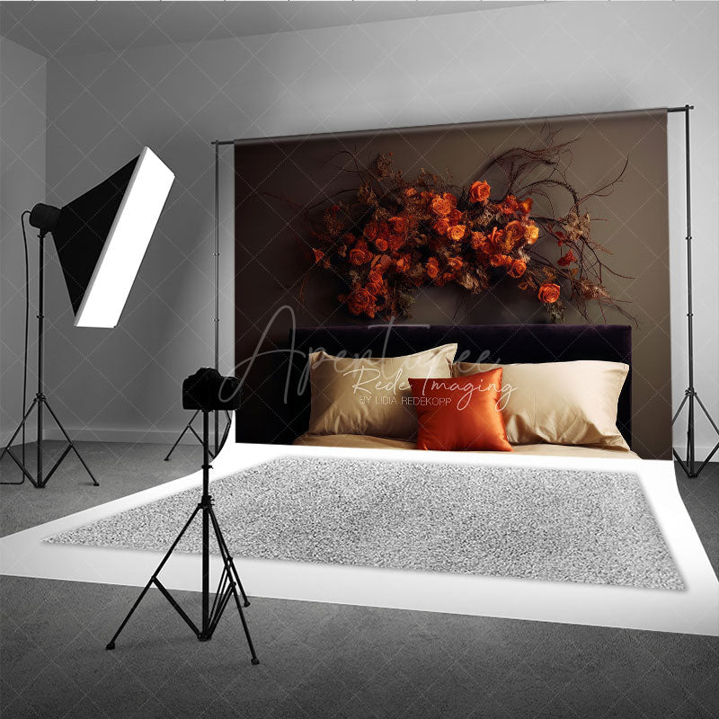 Aperturee Aperturee Moody Autumn Headboard Photography Backdrop Minimalist Bed with Dried Orange Roses Fall Bedroom Photo Prop