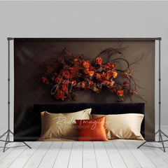 Aperturee Aperturee Moody Autumn Headboard Photography Backdrop Minimalist Bed with Dried Orange Roses Fall Bedroom Photo Prop