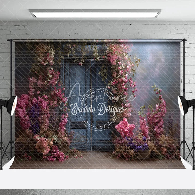Aperturee - Aperturee Moody Blue Door Photography Backdrop Enchanted Garden with Pink Flowers Fine Art Painterly Photo Background