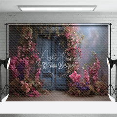 Aperturee - Aperturee Moody Blue Door Photography Backdrop Enchanted Garden with Pink Flowers Fine Art Painterly Photo Background
