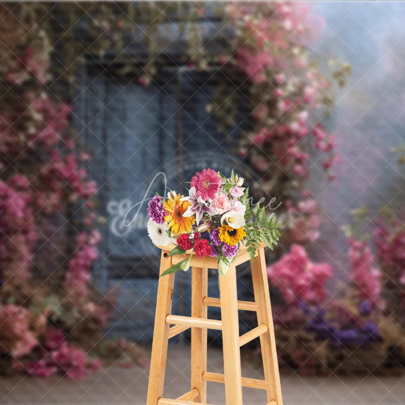 Aperturee - Aperturee Moody Blue Door Photography Backdrop Enchanted Garden with Pink Flowers Fine Art Painterly Photo Background