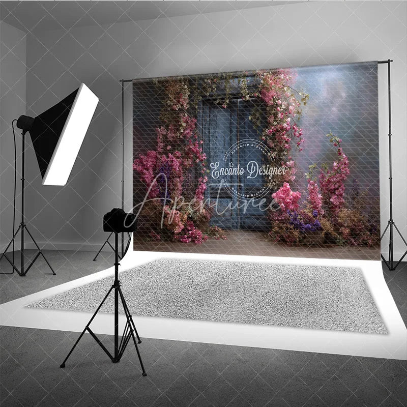 Aperturee - Aperturee Moody Blue Door Photography Backdrop Enchanted Garden with Pink Flowers Fine Art Painterly Photo Background