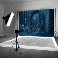 Aperturee - Aperturee Moody Blue Roses and Mirror Photography Backdrop Enchanted Garden with Bokeh Lights Fine Art Photo Background
