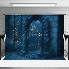 Aperturee - Aperturee Moody Blue Roses and Mirror Photography Backdrop Enchanted Garden with Bokeh Lights Fine Art Photo Background