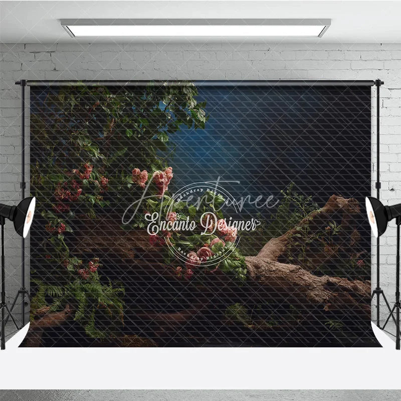 Aperturee - Aperturee Moody Dark Floral Photography Backdrop Pink Flowers on a Twisted Branch Fine Art Painterly Portrait Background