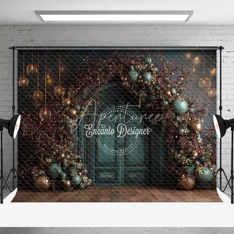 Aperturee - Aperturee Moody Dark Green Christmas Backdrop Bronze Ornament Floral Arch Photography Background