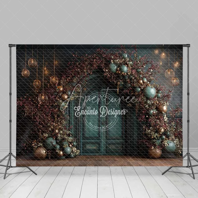 Aperturee - Aperturee Moody Dark Green Christmas Backdrop Bronze Ornament Floral Arch Photography Background