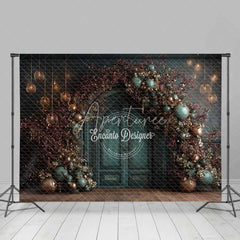 Aperturee - Aperturee Moody Dark Green Christmas Backdrop Bronze Ornament Floral Arch Photography Background