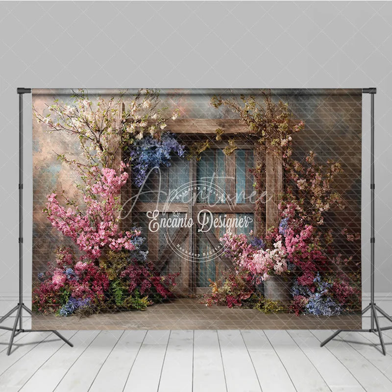 Aperturee - Aperturee Moody Floral Door Photography Backdrop Rustic Wood Door with Spring Flowers Fine Art Painterly Background