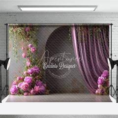 Aperturee - Aperturee Moody Pink Peony Photography Backdrop Climbing Flowers with Arch and Curtain Elegant Wedding Photo Background