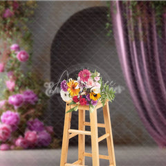 Aperturee - Aperturee Moody Pink Peony Photography Backdrop Climbing Flowers with Arch and Curtain Elegant Wedding Photo Background