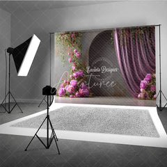 Aperturee - Aperturee Moody Pink Peony Photography Backdrop Climbing Flowers with Arch and Curtain Elegant Wedding Photo Background