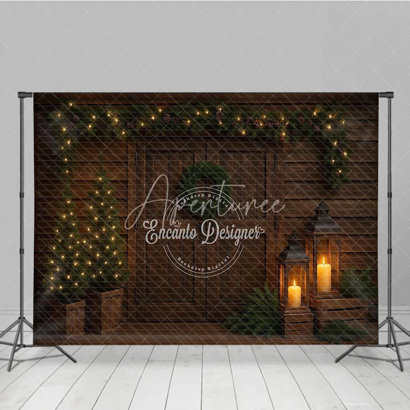 Aperturee - Aperturee Moody Rustic Christmas Door Photography Backdrop Dark Wood with Lanterns Simple Holiday Photo Background