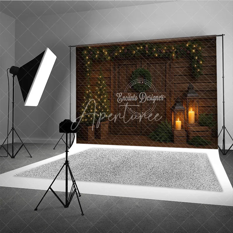 Aperturee - Aperturee Moody Rustic Christmas Door Photography Backdrop Dark Wood with Lanterns Simple Holiday Photo Background