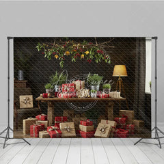 Aperturee - Aperturee Moody Rustic Christmas Photography Backdrop Dark Wood Room with Presents Natural Holiday Mini Session Background