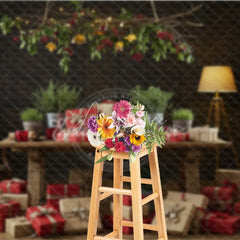 Aperturee - Aperturee Moody Rustic Christmas Photography Backdrop Dark Wood Room with Presents Natural Holiday Mini Session Background