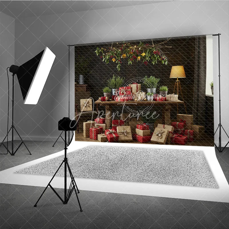 Aperturee - Aperturee Moody Rustic Christmas Photography Backdrop Dark Wood Room with Presents Natural Holiday Mini Session Background