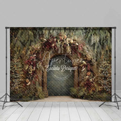 Aperturee - Aperturee Moody Rustic Wood Arch Backdrop Dried Floral Winter Forest Photography Background