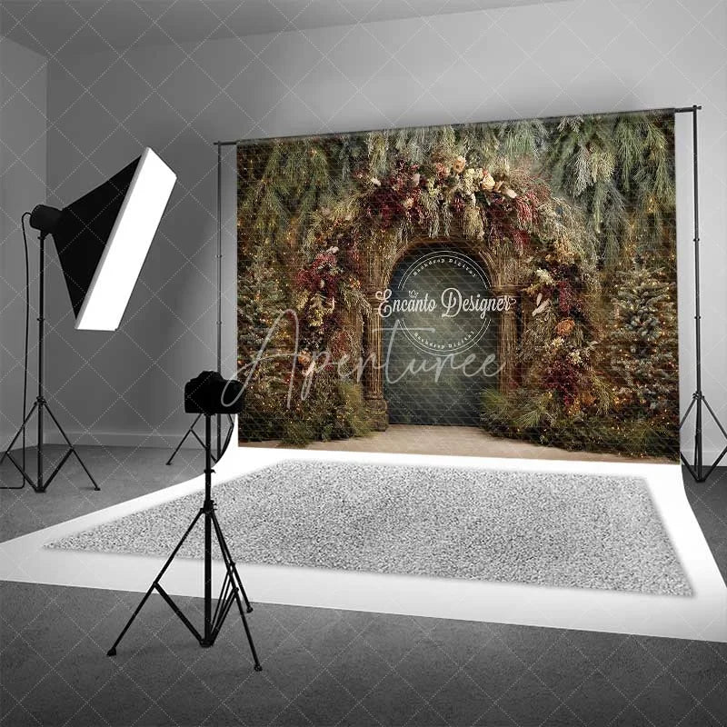 Aperturee - Aperturee Moody Rustic Wood Arch Backdrop Dried Floral Winter Forest Photography Background