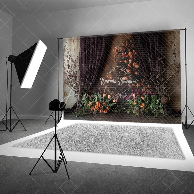 Aperturee - Aperturee Moody Tulip Photography Backdrop Fine Art Floral with Orange and Purple Dark Painterly Portrait Background