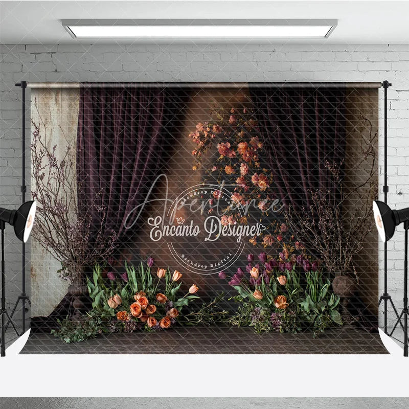 Aperturee - Aperturee Moody Tulip Photography Backdrop Fine Art Floral with Orange and Purple Dark Painterly Portrait Background