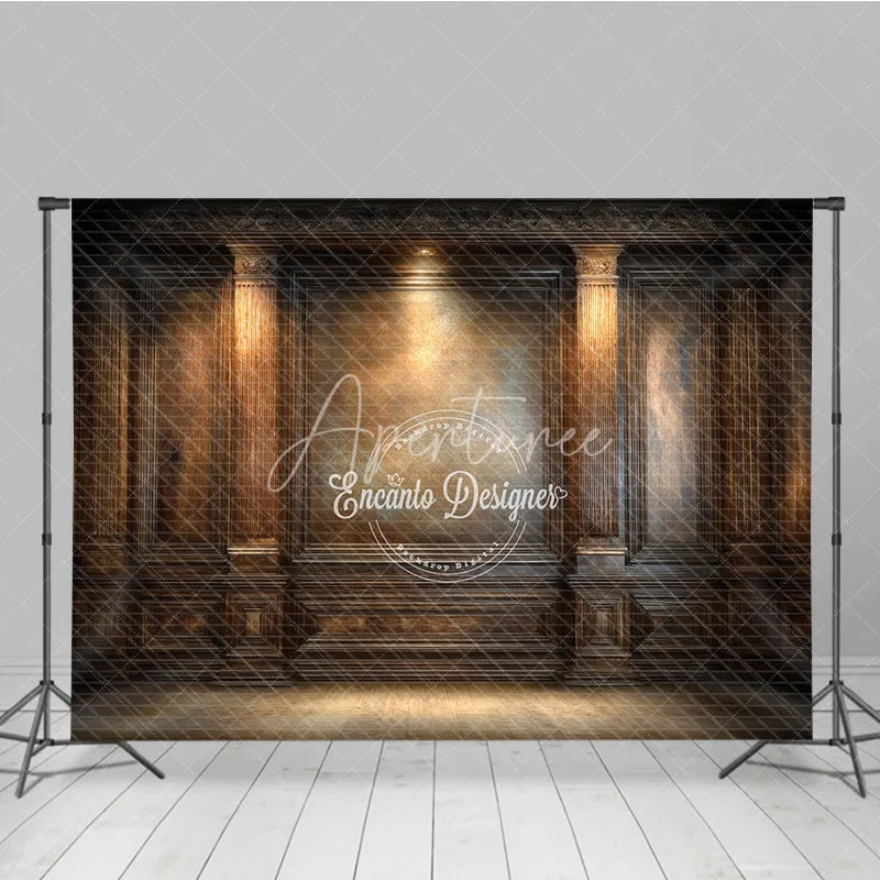 Aperturee - Aperturee Moody Vintage Wood Panel Photography Backdrop Dark Ornate Wall with Spotlight Retro Library Photo Background