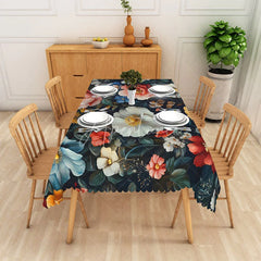 Aperturee - Aperturee Moody White Magnolia Rectangle Tablecloth Dramatic Red Floral Dark Table Cover Elegant Wedding Party Decor