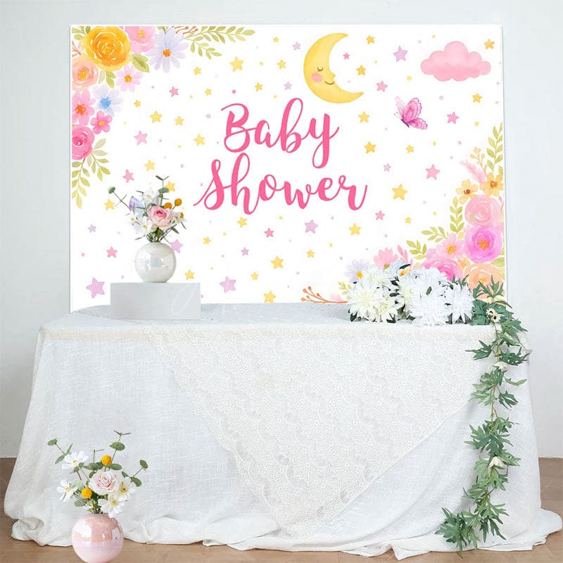 Aperturee - Aperturee Moonlit Star Floral Butterfly Baby Shower Backdrop