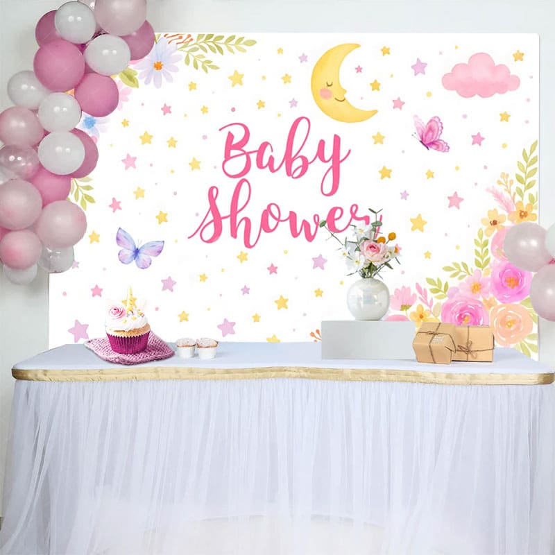 Aperturee - Aperturee Moonlit Star Floral Butterfly Baby Shower Backdrop